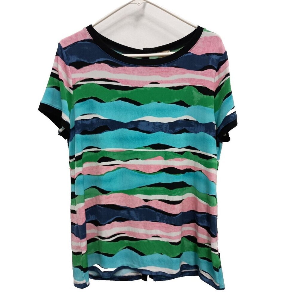 Anne Klein Womens Top Size Large‎ Multi Striped Button Back Stretch Knit Retro